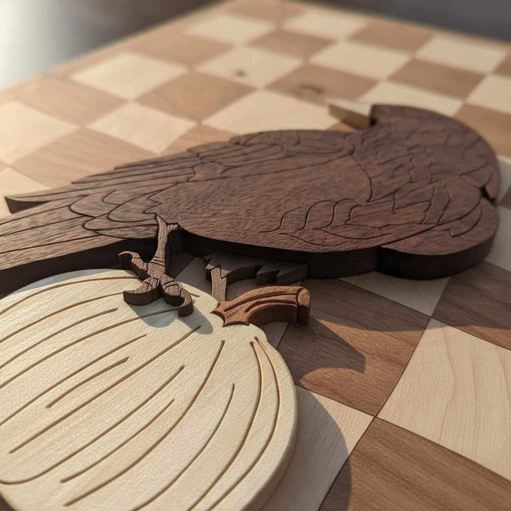 Low-angle view of the raven and pumpkin standing out in layers above a checkerboard wood surface, with soft shadows.