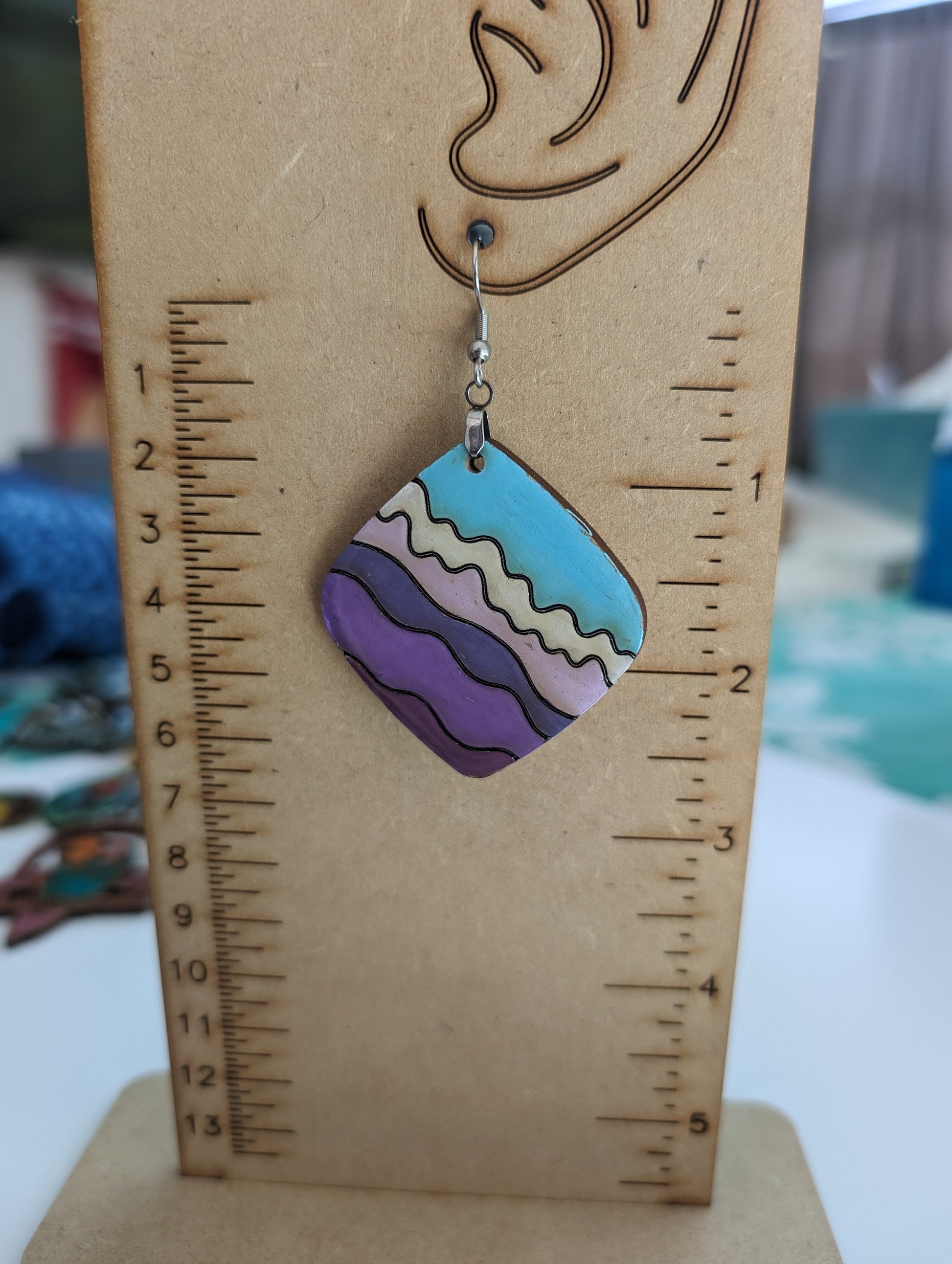 Hand painted wooden earrings | laser engraved | Boho style | natural wood | dangle | handmade | colorful waves| lightweight | painted