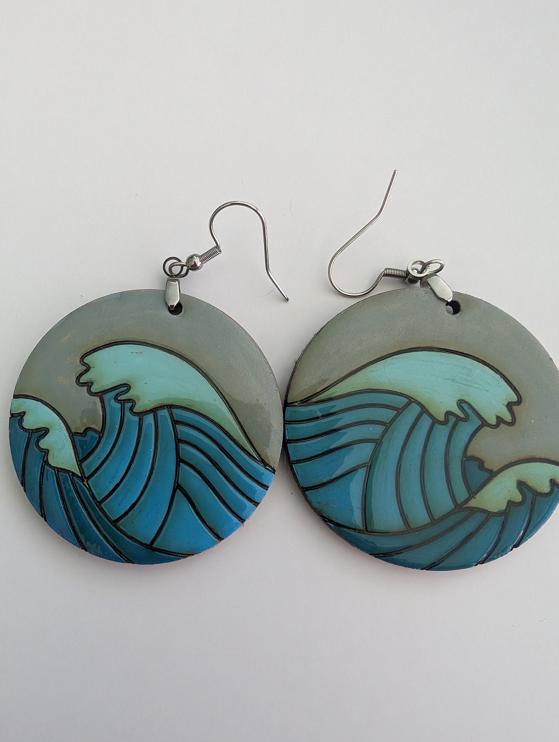 Hand painted wooden earrings | laser engraved | Boho style | natural wood | dangle | handmade | colorful waves| lightweight | painted