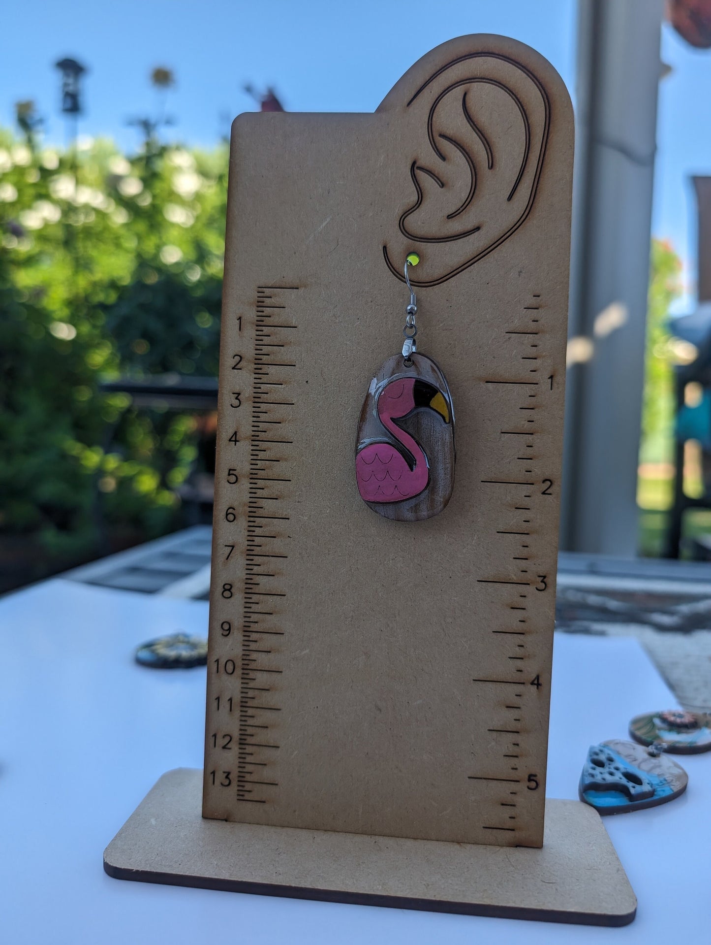 Hand painted wooden earrings | laser engraved | Boho style | natural wood | dangle | handmade | colorful | lightweight | painted | flamingo