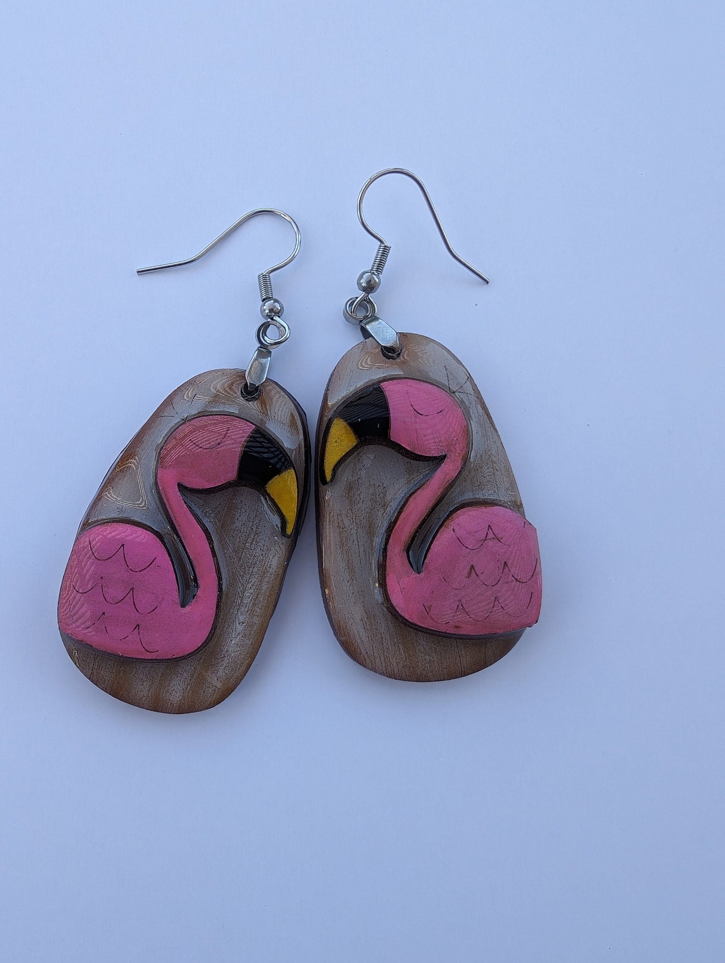 Hand painted wooden earrings | laser engraved | Boho style | natural wood | dangle | handmade | colorful | lightweight | painted | flamingo