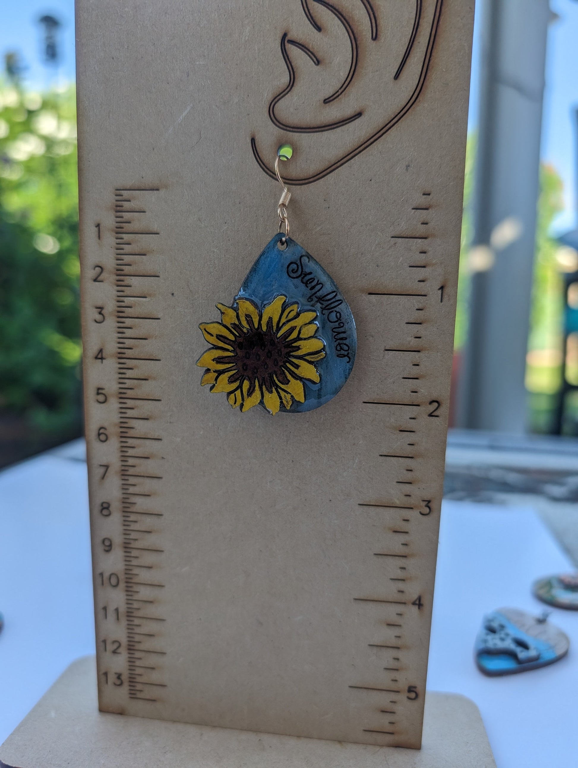 Hand painted wooden earrings | laser engraved | Boho style | natural wood | dangle | handmade | colorful | lightweight | painted | sunflower