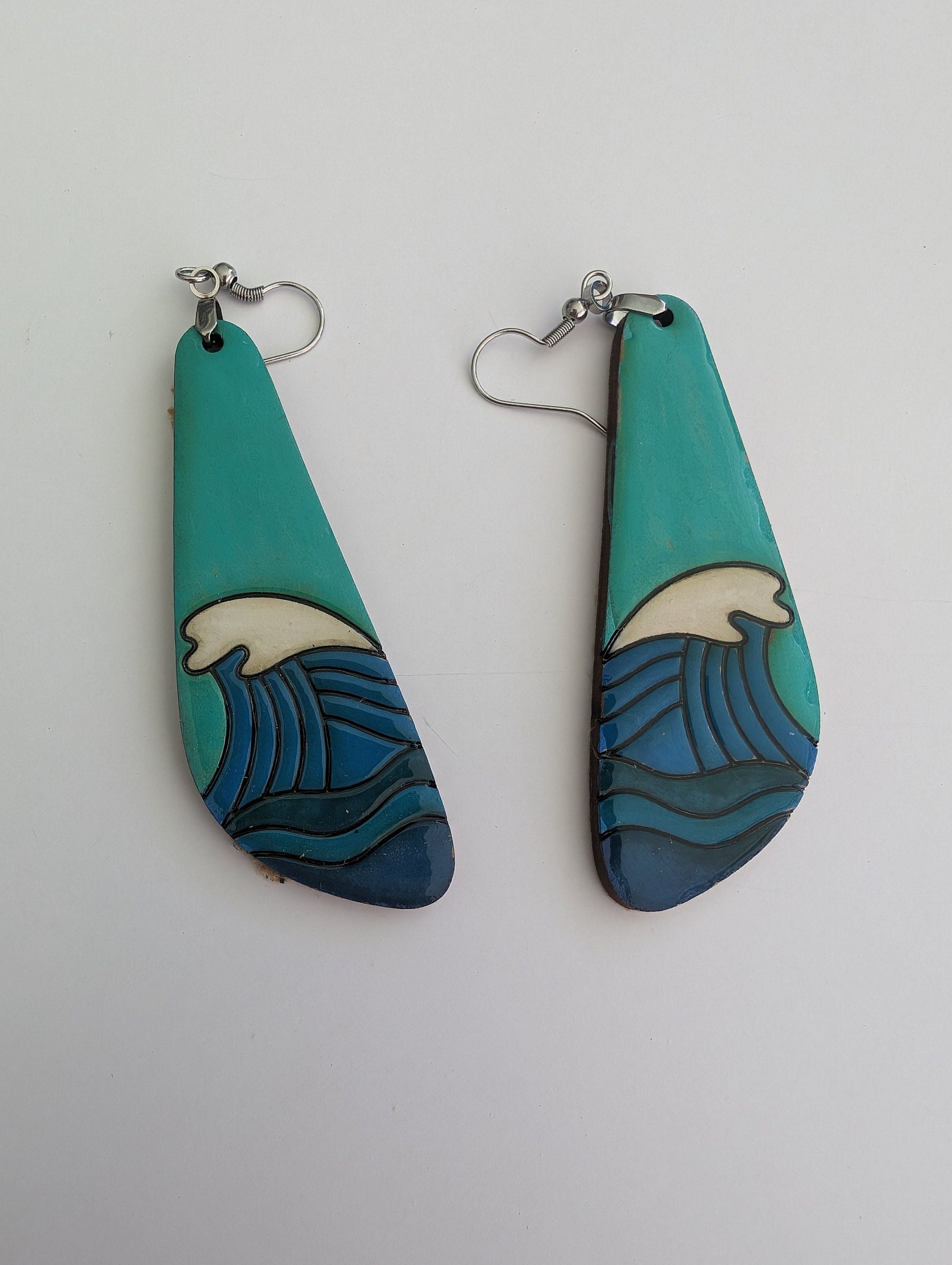 Hand painted wooden earrings | laser engraved | Boho style | natural wood | dangle | handmade | colorful waves| lightweight | painted