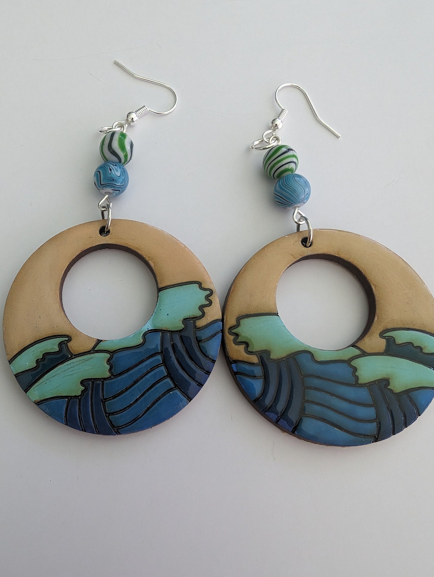 Hand painted wooden earrings | laser engraved | Boho style | natural wood | dangle | handmade | colorful waves| lightweight | painted