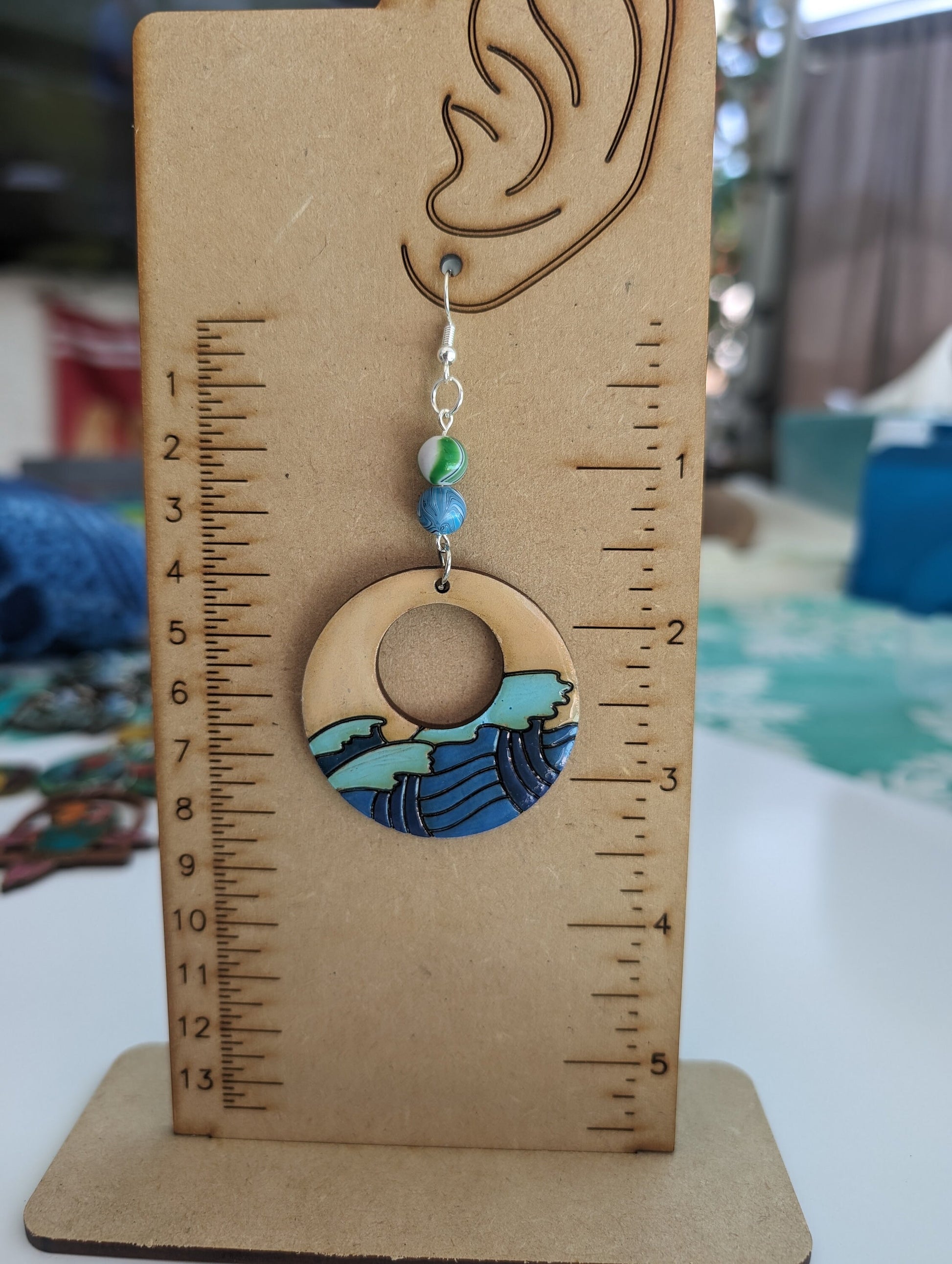 Hand painted wooden earrings | laser engraved | Boho style | natural wood | dangle | handmade | colorful waves| lightweight | painted