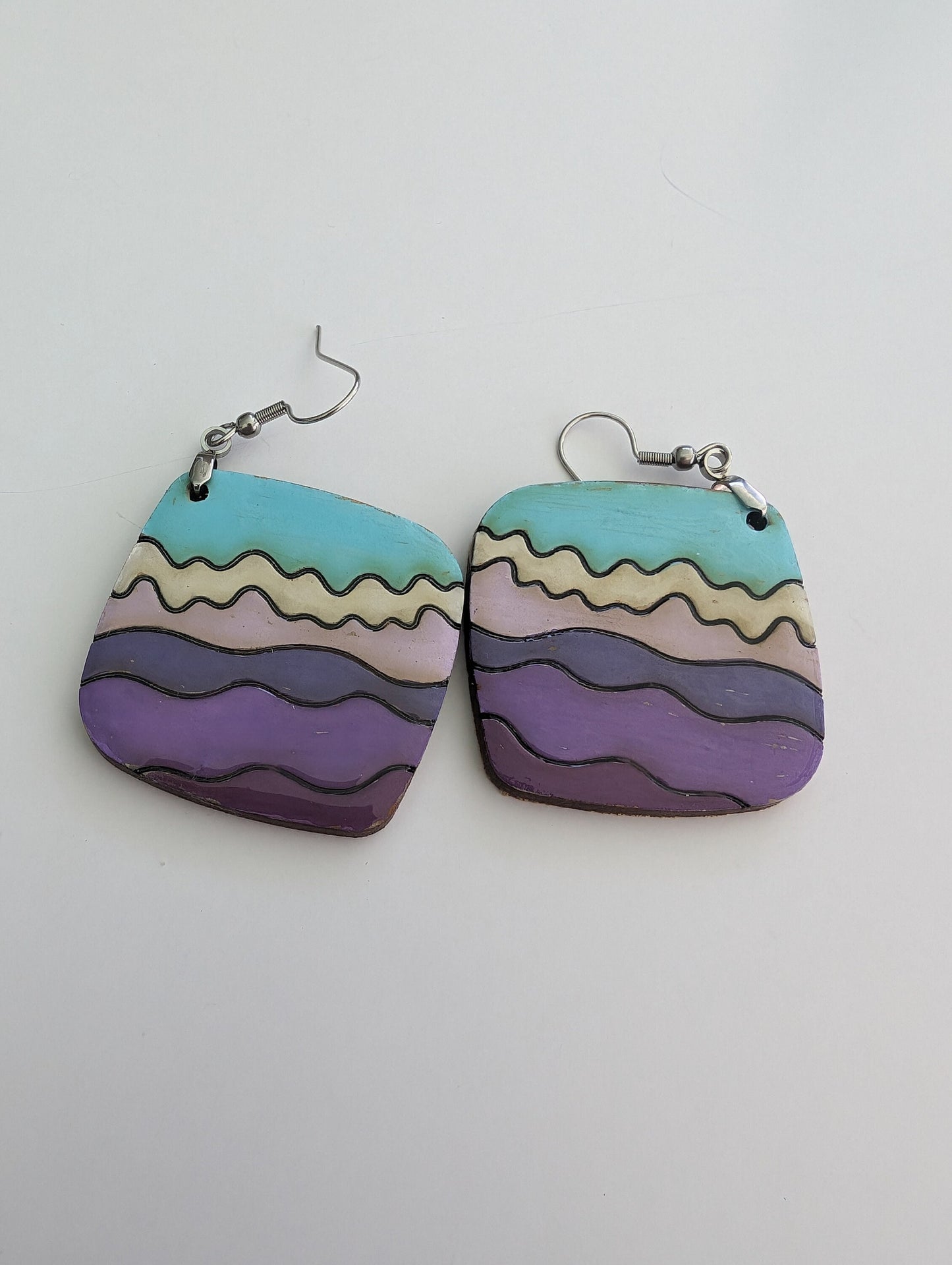 Hand painted wooden earrings | laser engraved | Boho style | natural wood | dangle | handmade | colorful waves| lightweight | painted