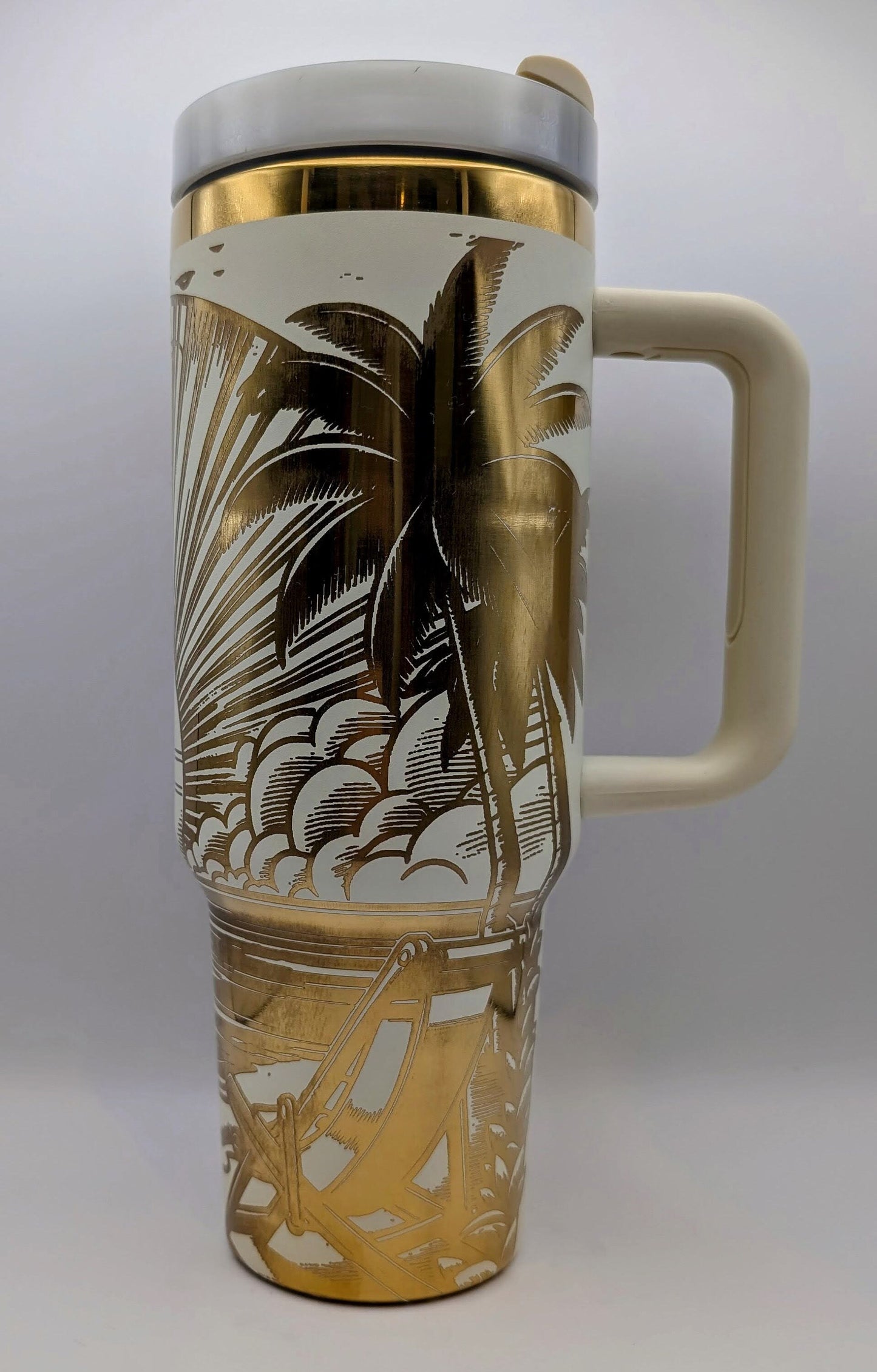 Personalized Cup | 40 oz Laser Engraved Tumbler | Gold | Insulated | Hawaiian Scene | Sunrise | Palm trees | Great gift for him or her