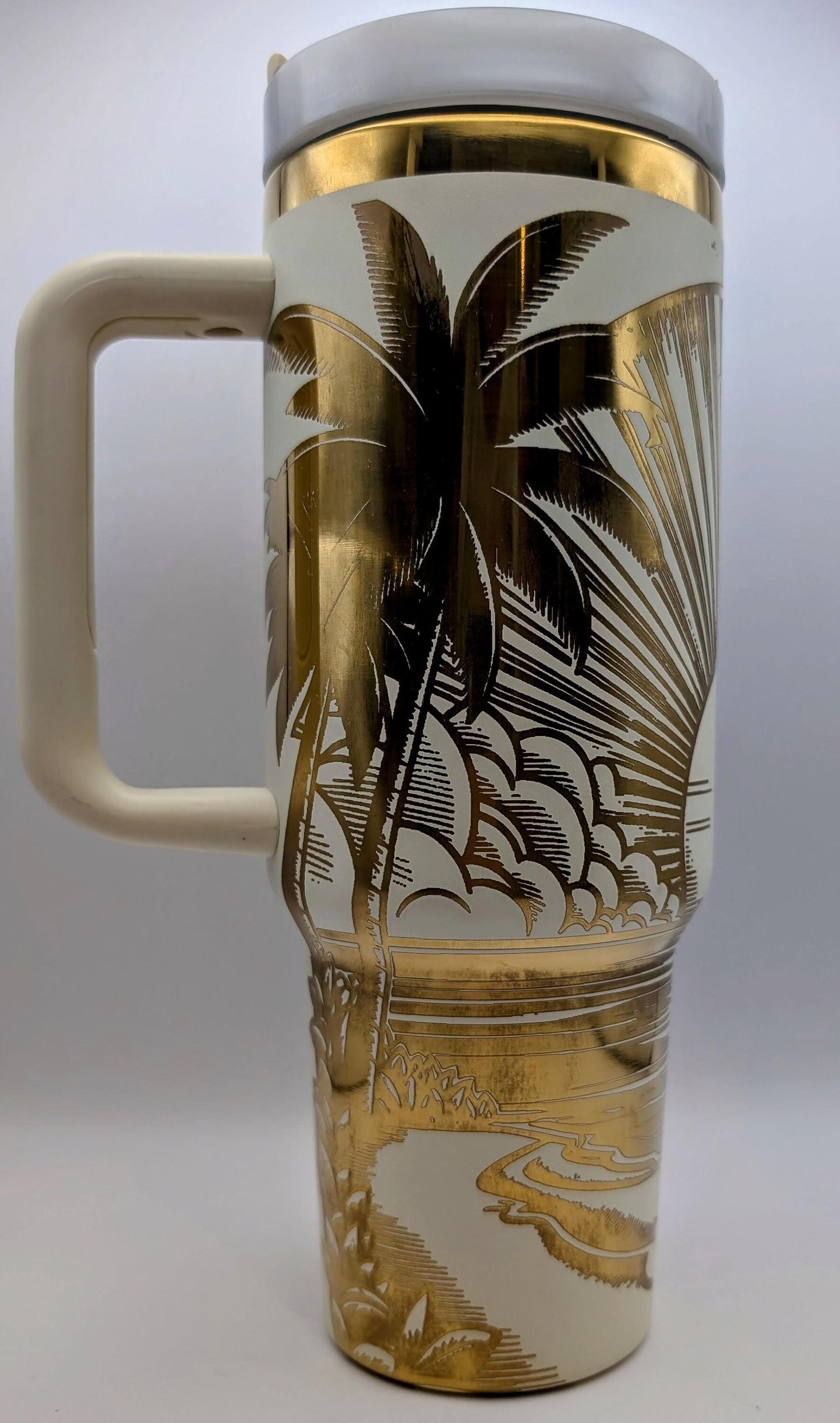 Personalized Cup | 40 oz Laser Engraved Tumbler | Gold | Insulated | Hawaiian Scene | Sunrise | Palm trees | Great gift for him or her