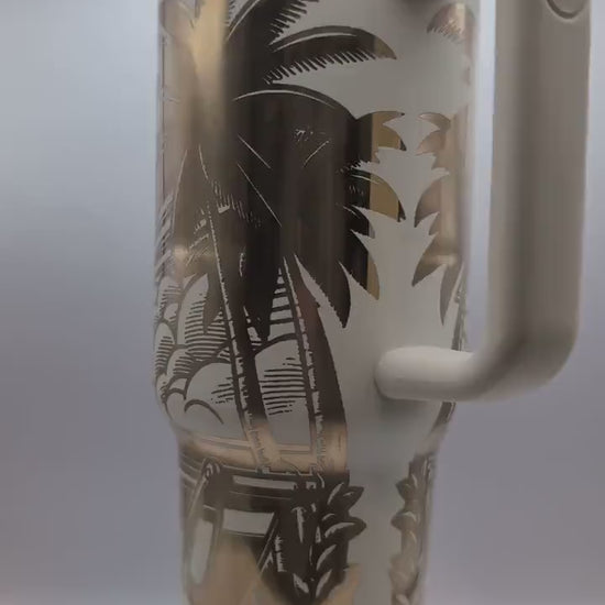 Personalized Cup | 40 oz Laser Engraved Tumbler | Gold | Insulated | Hawaiian Scene | Sunrise | Palm trees | Great gift for him or her