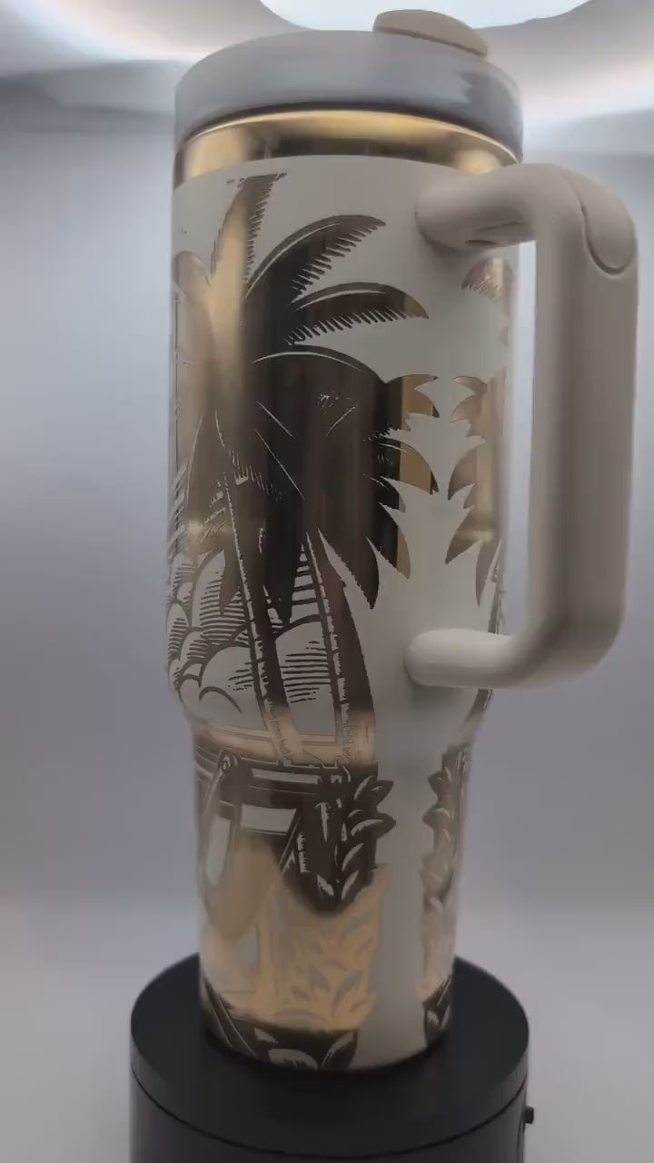 Personalized Cup | 40 oz Laser Engraved Tumbler | Gold | Insulated | Hawaiian Scene | Sunrise | Palm trees | Great gift for him or her